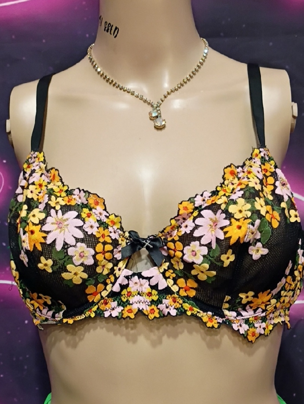 Savage X Fenty Black Lace Underwire Bra with Pink & Yellow Floral Embroidery